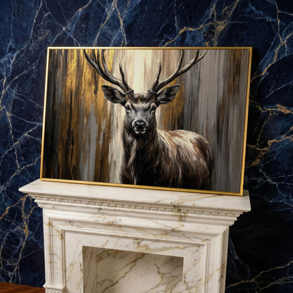 Close-Up Stag Portrait Canvas Wall Art with Large Antlers in yellow gold floating frame