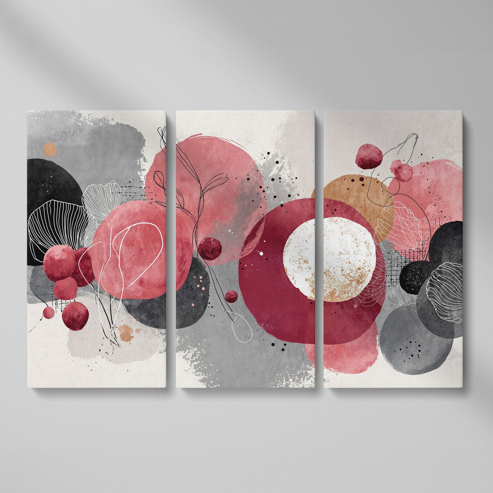 Abstract Circles and Line Art Canvas Wall Art as 3-panel split version