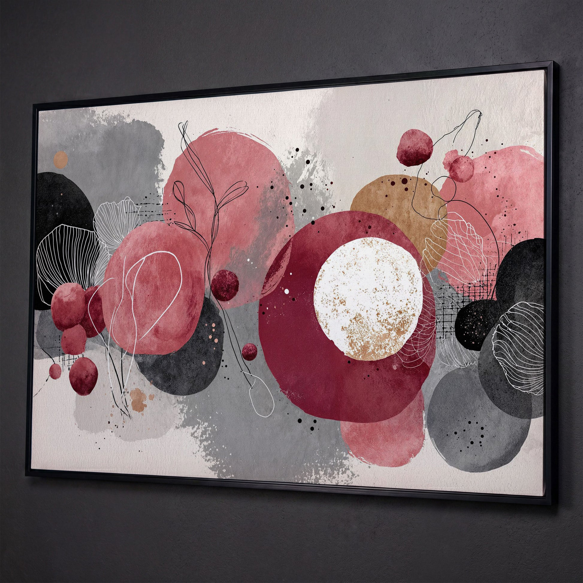 Abstract Circles and Line Art Canvas Wall Art shown in black floating frame