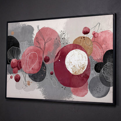 Abstract Circles and Line Art Canvas Wall Art shown in black floating frame