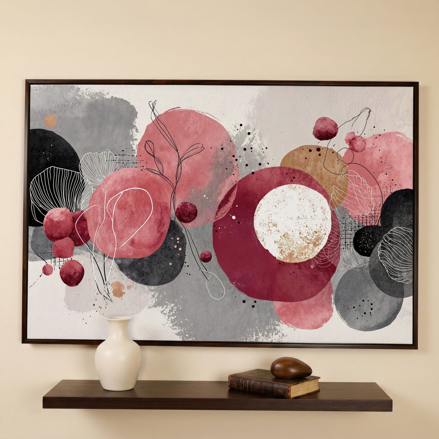 Abstract Circles and Line Art Canvas Wall Art in dark walnut floating frame