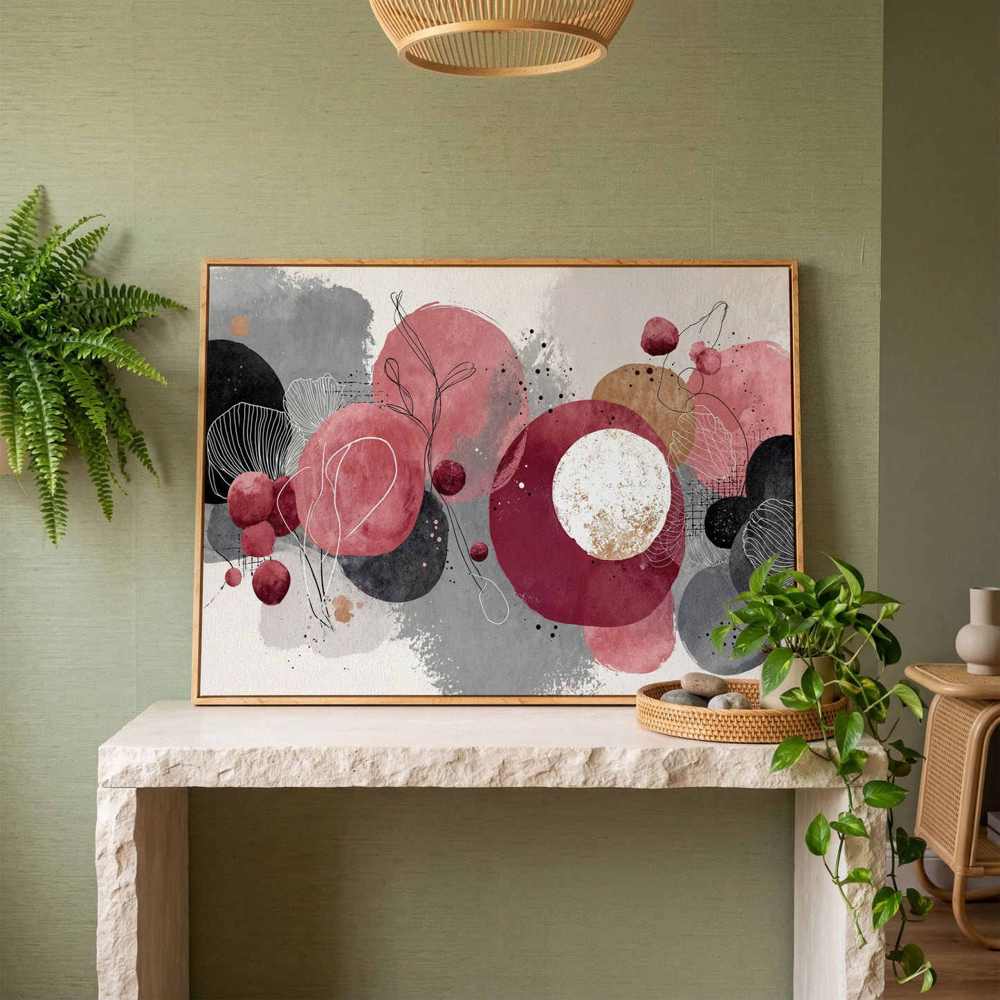 Abstract Circles and Line Art Canvas Wall Art in white oak floating frame
