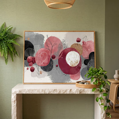 Abstract Circles and Line Art Canvas Wall Art in white oak floating frame