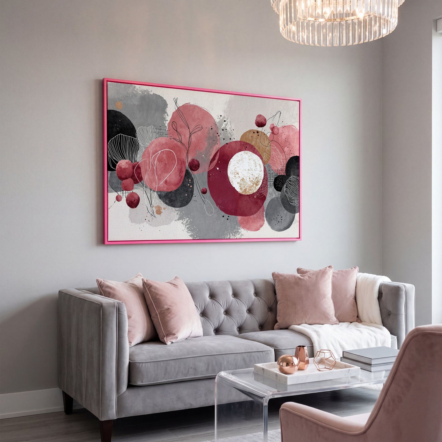 Abstract Circles and Line Art Canvas Wall Art in pink floating frame