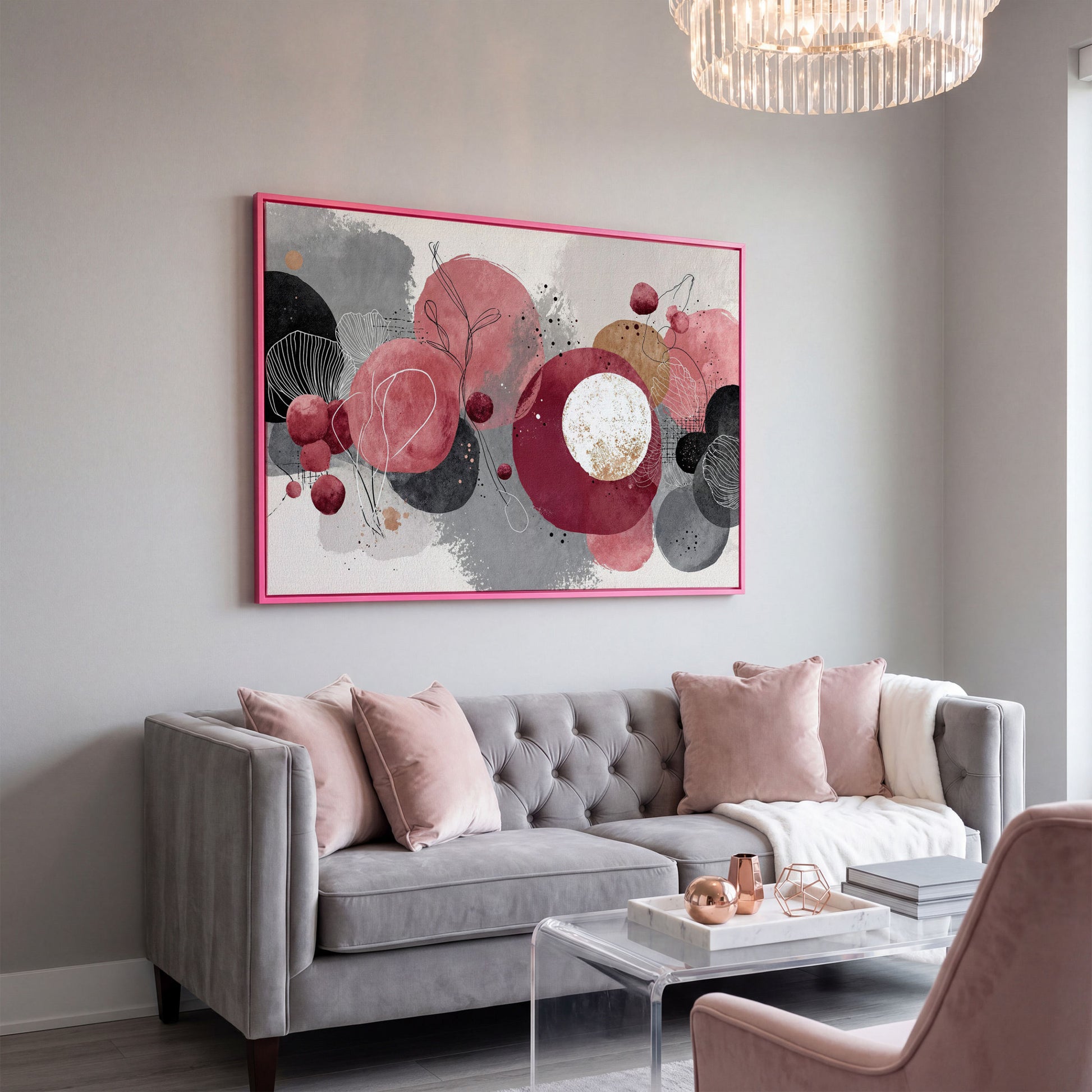 Abstract Circles and Line Art Canvas Wall Art in pink floating frame