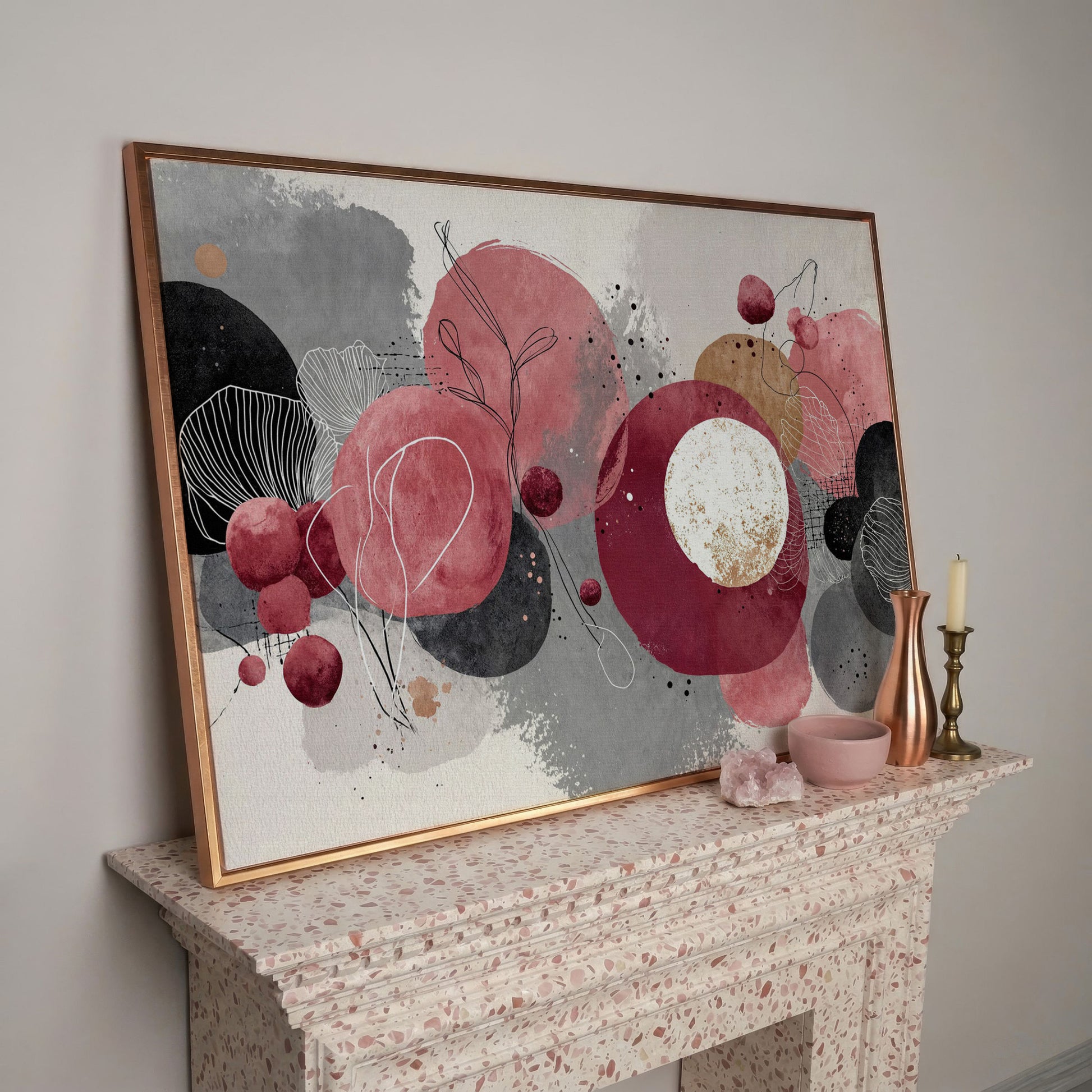 Abstract Circles and Line Art Canvas Wall Art in rose gold floating frame