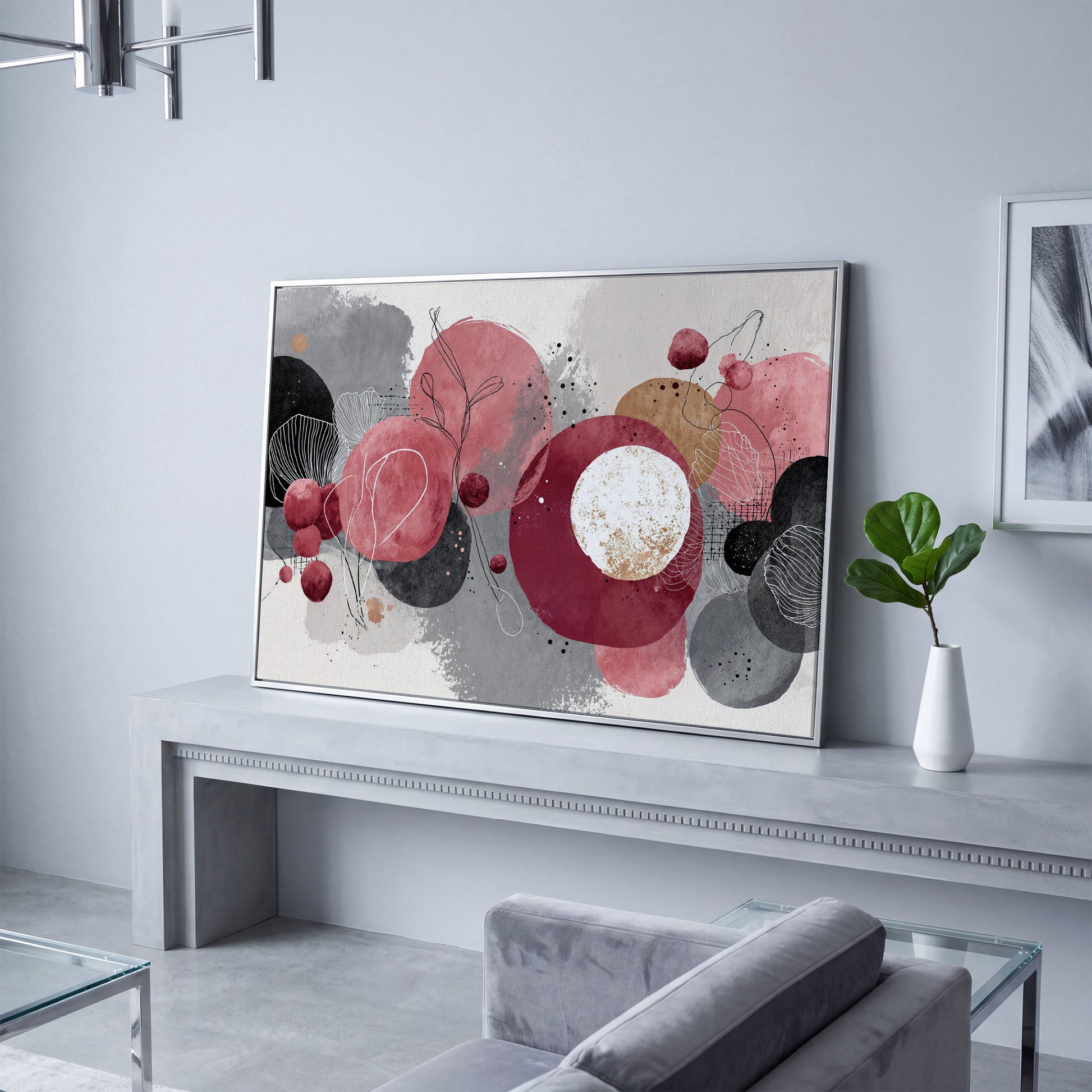 Abstract Circles and Line Art Canvas Wall Art in silver floating frame