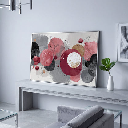 Abstract Circles and Line Art Canvas Wall Art in silver floating frame