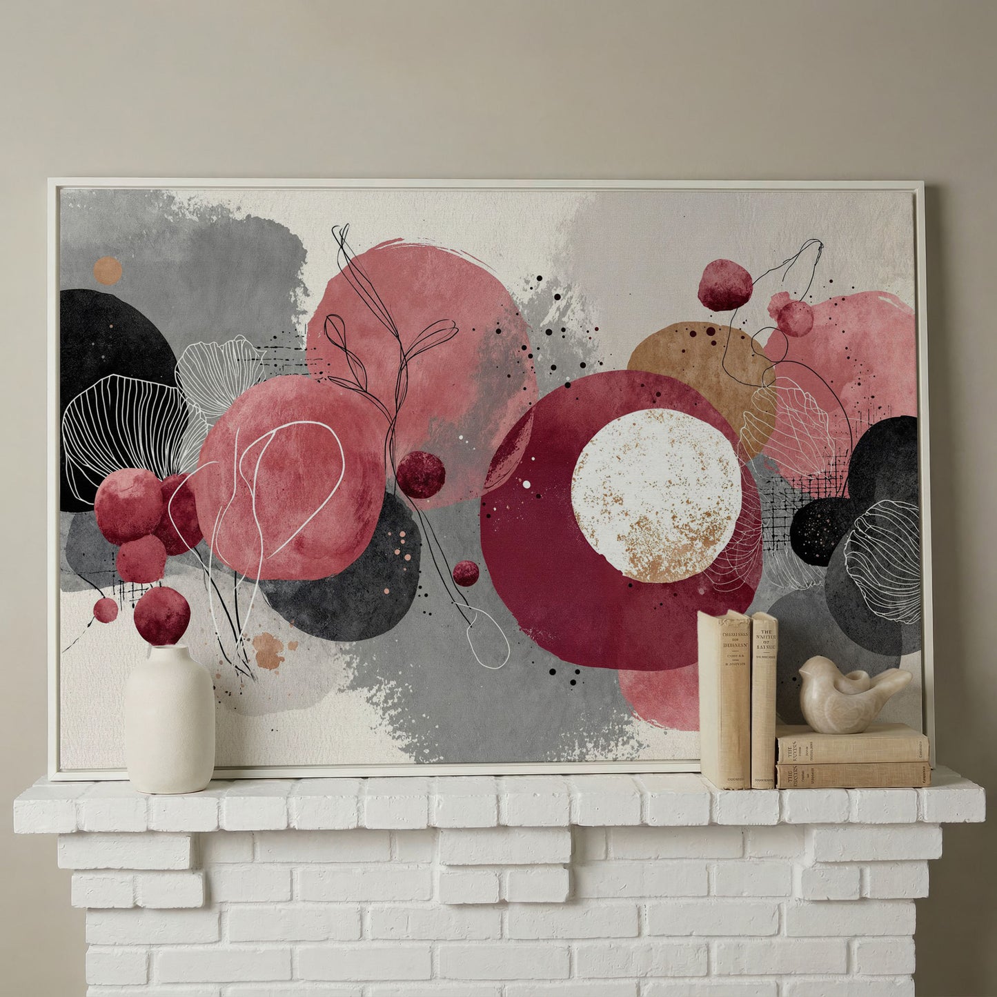 Abstract Circles and Line Art Canvas Wall Art in white floating frame