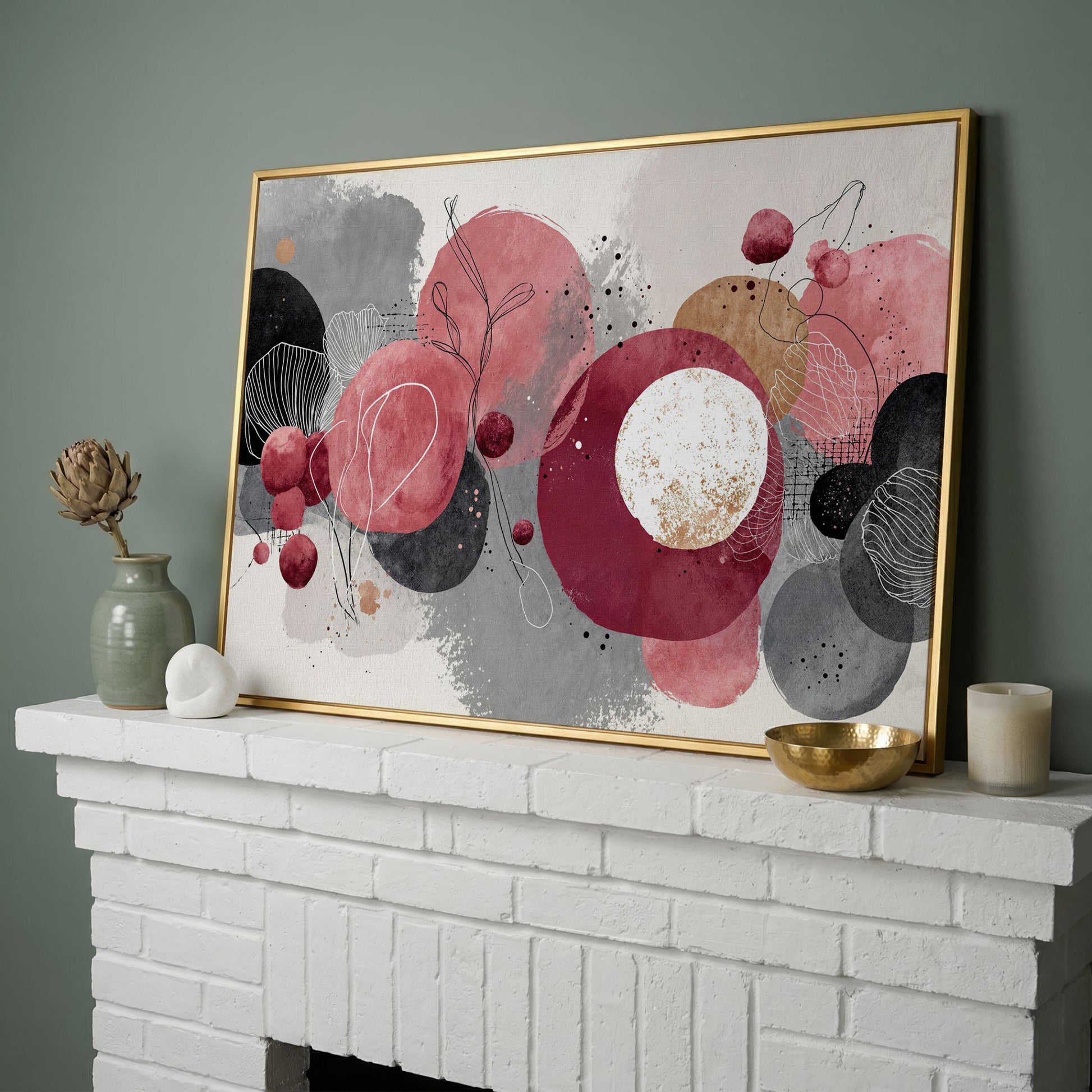 Abstract Circles and Line Art Canvas Wall Art in yellow gold floating frame