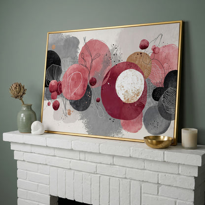 Abstract Circles and Line Art Canvas Wall Art in yellow gold floating frame