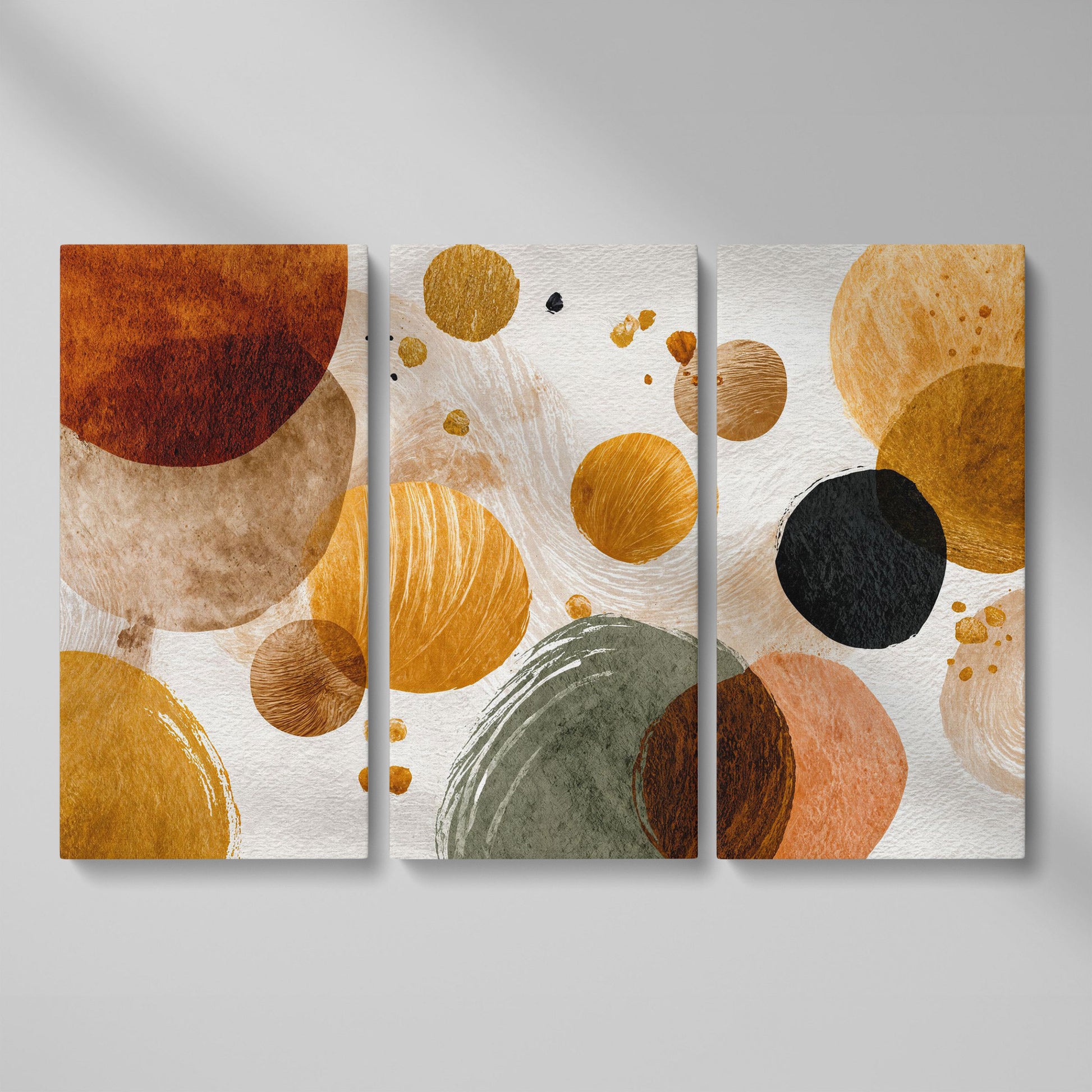 Abstract Circles and Dots Canvas Wall Art, Earth Tone, Large Format as 3-panel split version