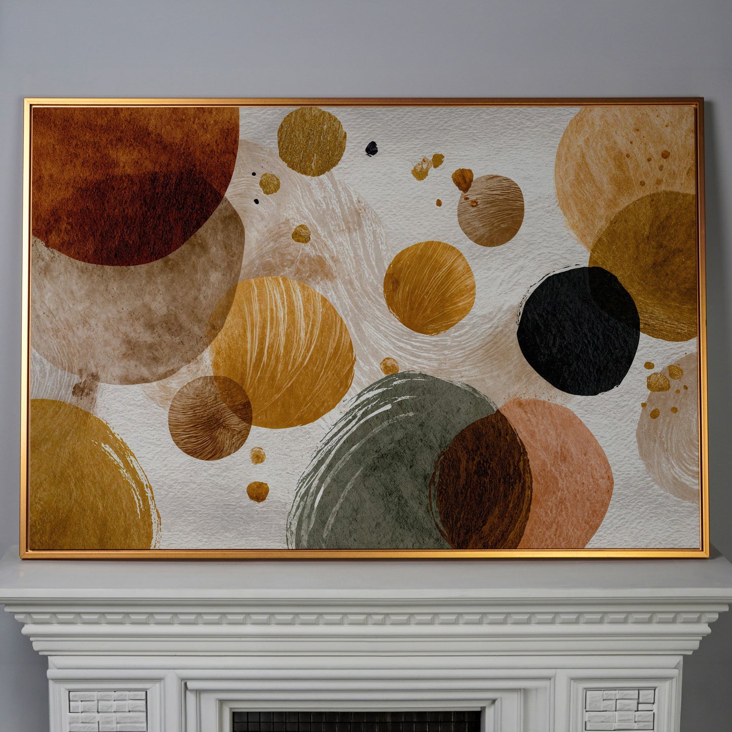 Abstract Circles and Dots Canvas Wall Art, Earth Tone, Large Format in antique gold floating frame
