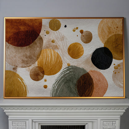 Abstract Circles and Dots Canvas Wall Art, Earth Tone, Large Format in antique gold floating frame
