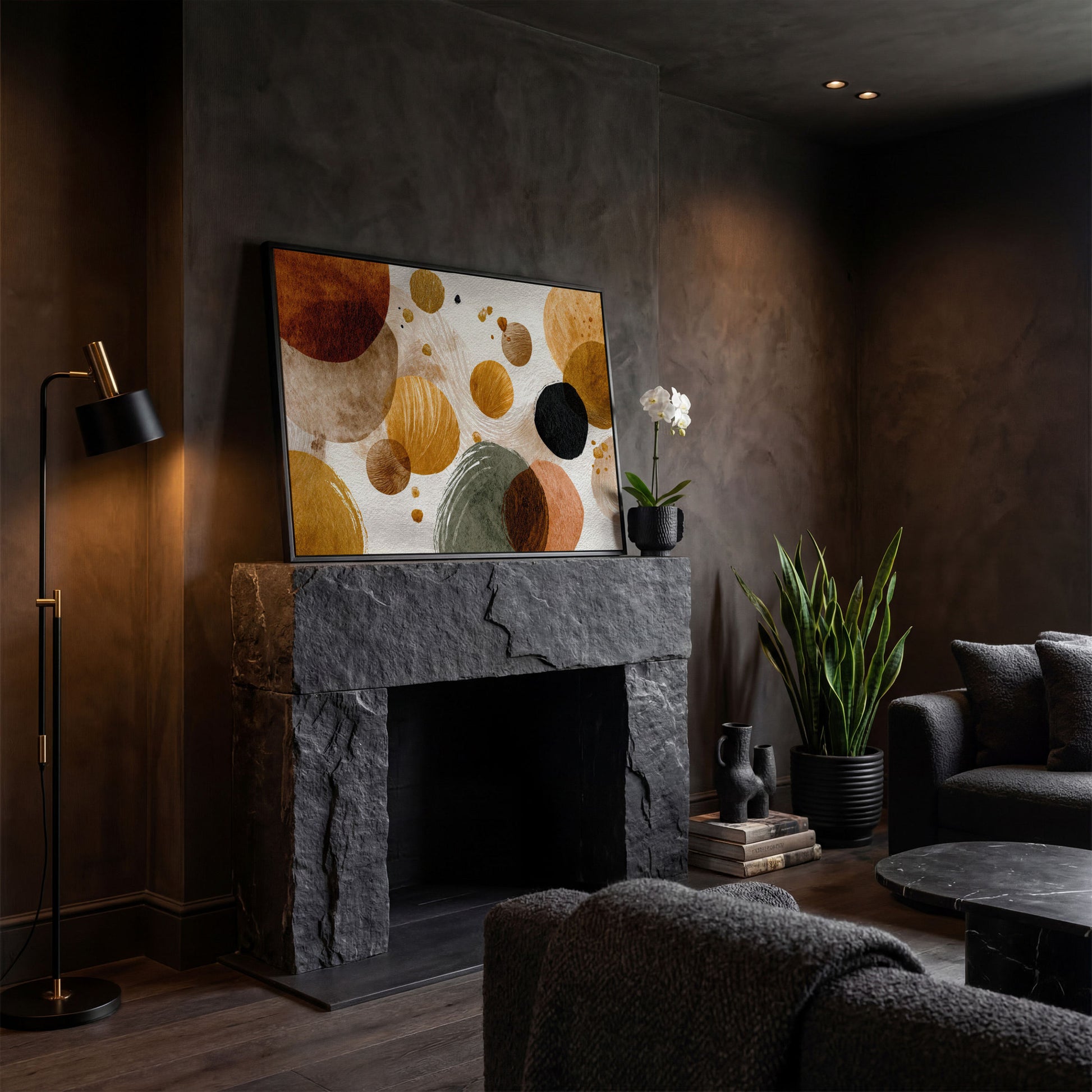 Abstract Circles and Dots Canvas Wall Art, Earth Tone, Large Format in black floating frame