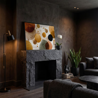 Abstract Circles and Dots Canvas Wall Art, Earth Tone, Large Format in black floating frame