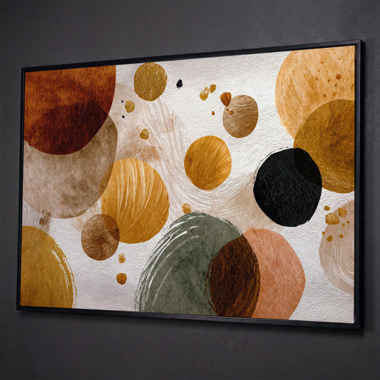 Abstract Circles and Dots Canvas Wall Art, Earth Tone, Large Format shown in black floating frame
