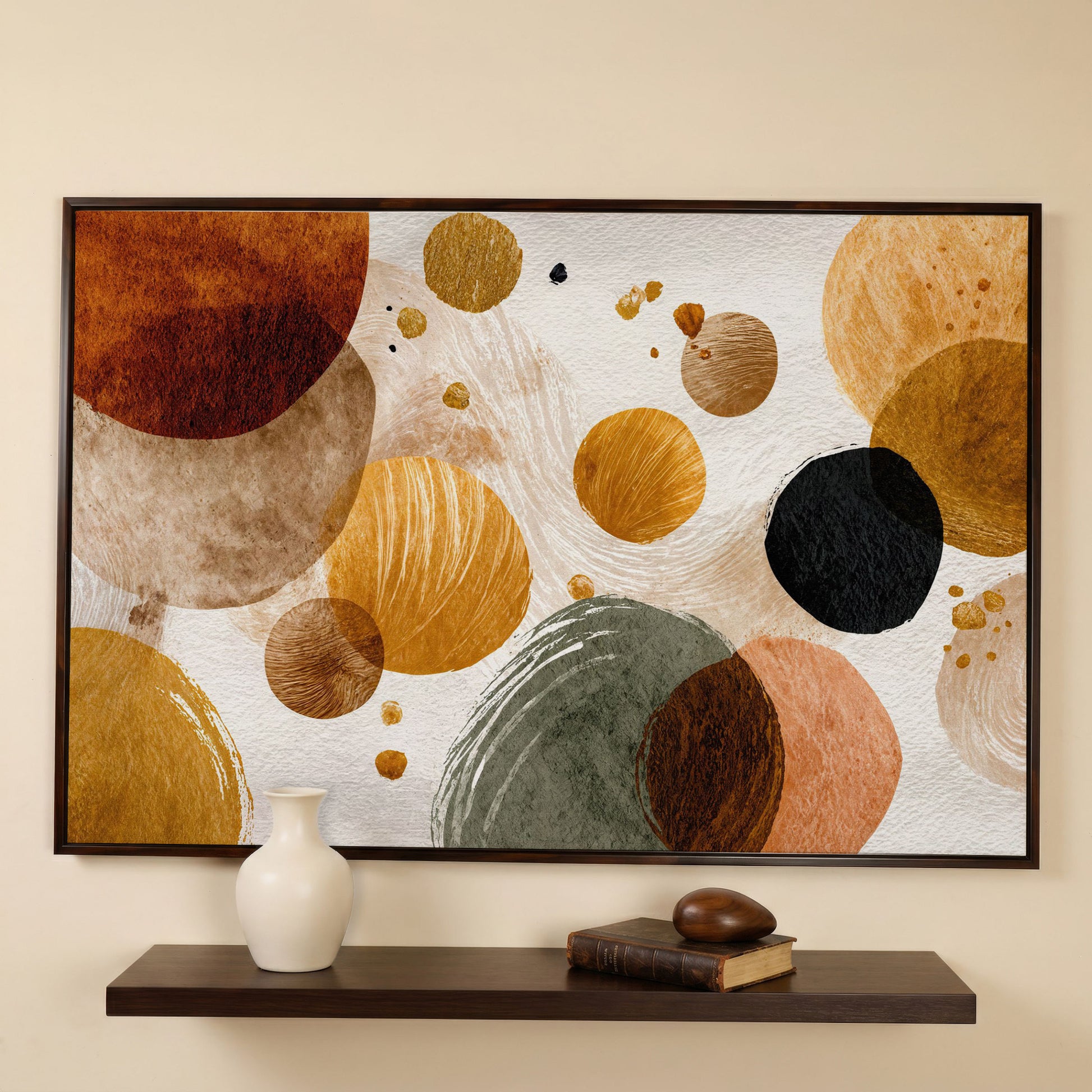 Abstract Circles and Dots Canvas Wall Art, Earth Tone, Large Format in dark walnut floating frame
