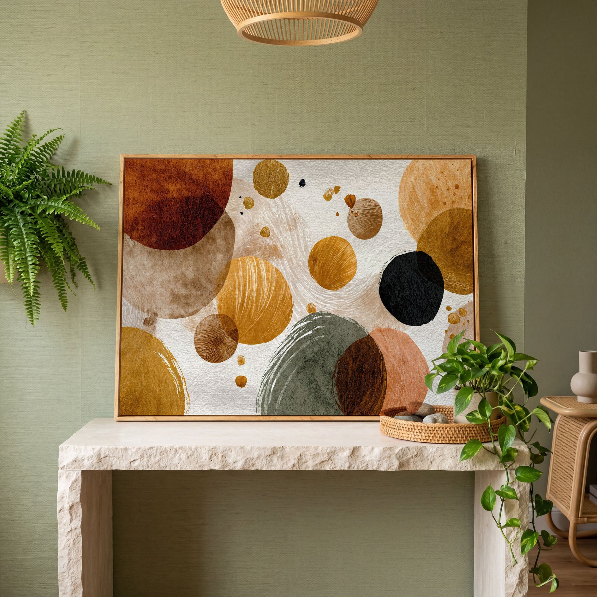 Abstract Circles and Dots Canvas Wall Art, Earth Tone, Large Format in white oak floating frame