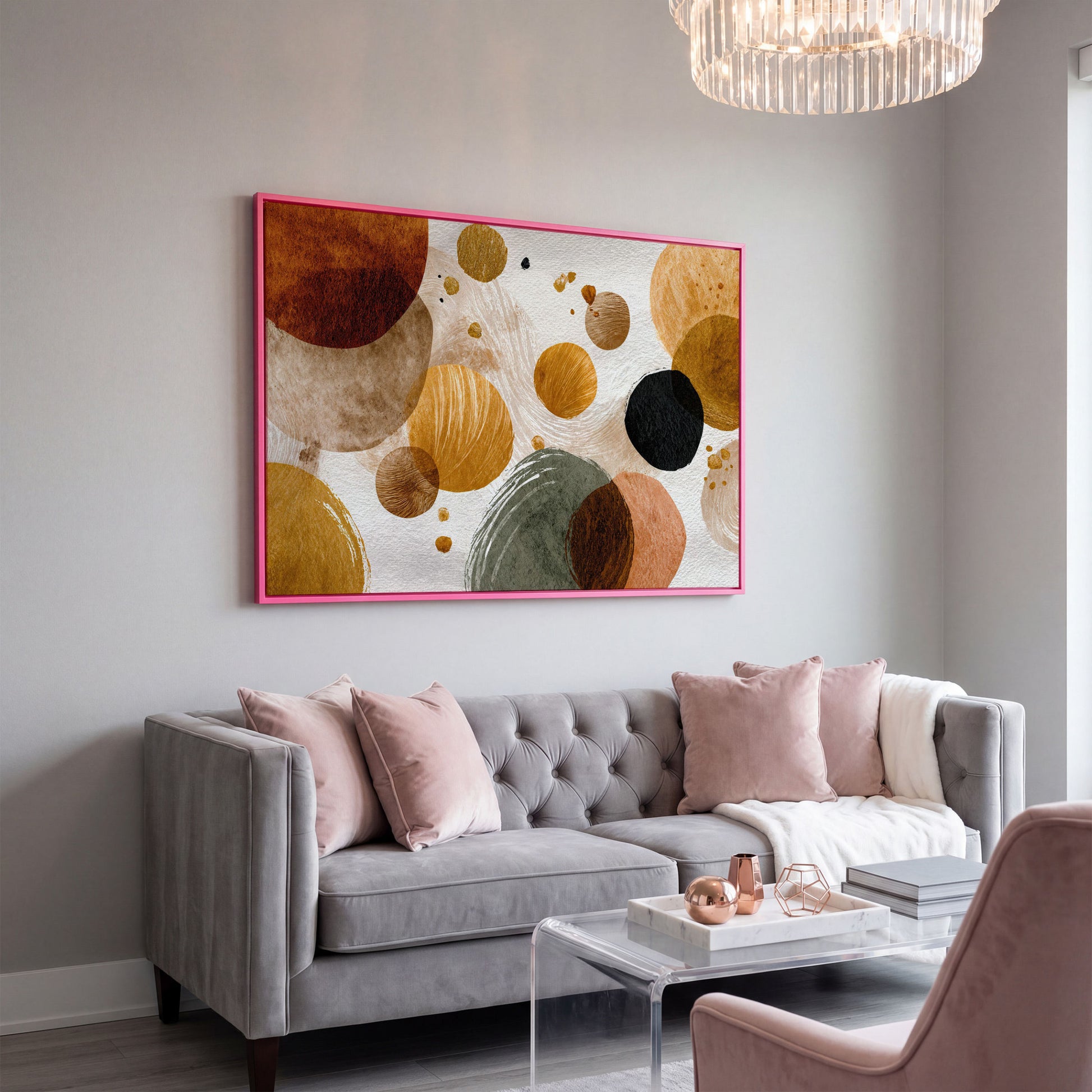 Abstract Circles and Dots Canvas Wall Art, Earth Tone, Large Format in pink floating frame