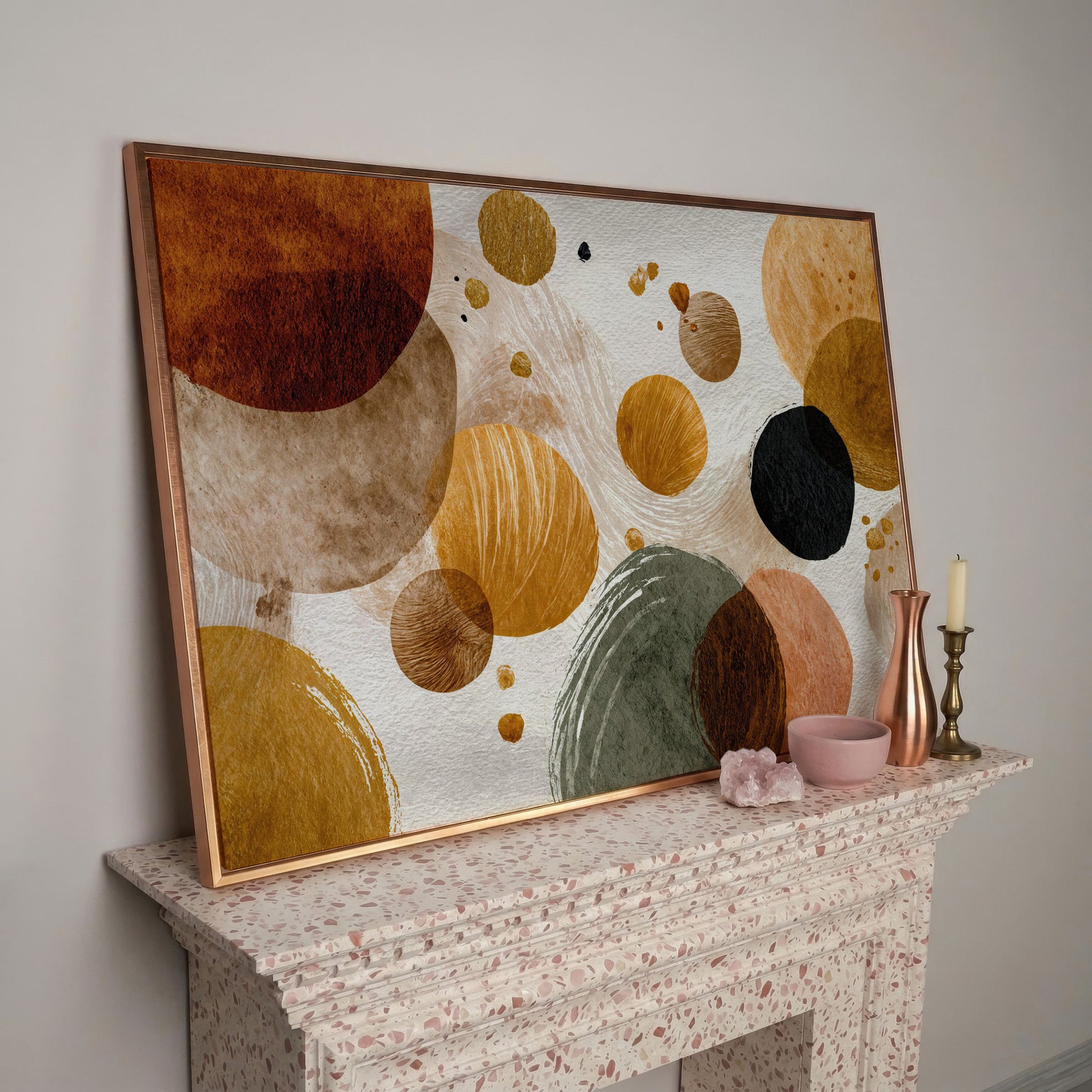 Abstract Circles and Dots Canvas Wall Art, Earth Tone, Large Format in rose gold floating frame