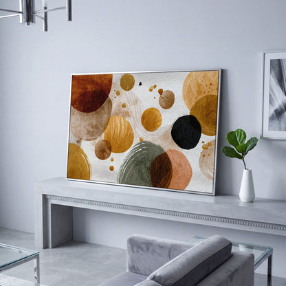 Abstract Circles and Dots Canvas Wall Art, Earth Tone, Large Format in silver floating frame