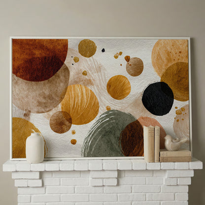 Abstract Circles and Dots Canvas Wall Art, Earth Tone, Large Format in white floating frame