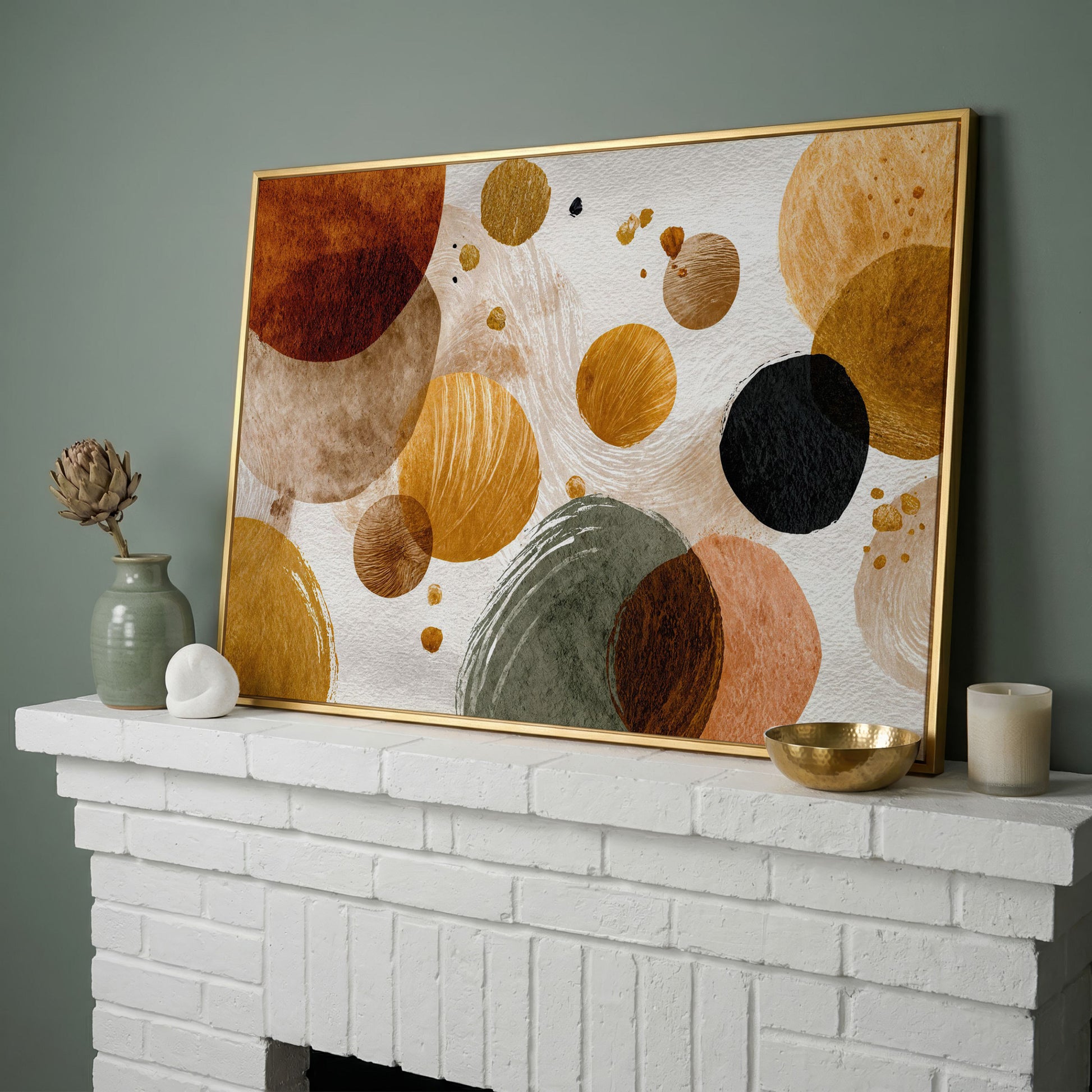 Abstract Circles and Dots Canvas Wall Art, Earth Tone, Large Format in yellow gold floating frame