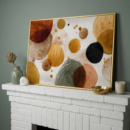 Abstract Circles and Dots Canvas Wall Art, Earth Tone, Large Format in yellow gold floating frame