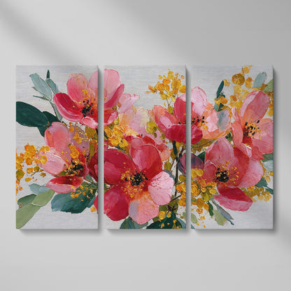 Bold Botanical Floral Canvas Wall Art, Pink and Green as 3-panel split version