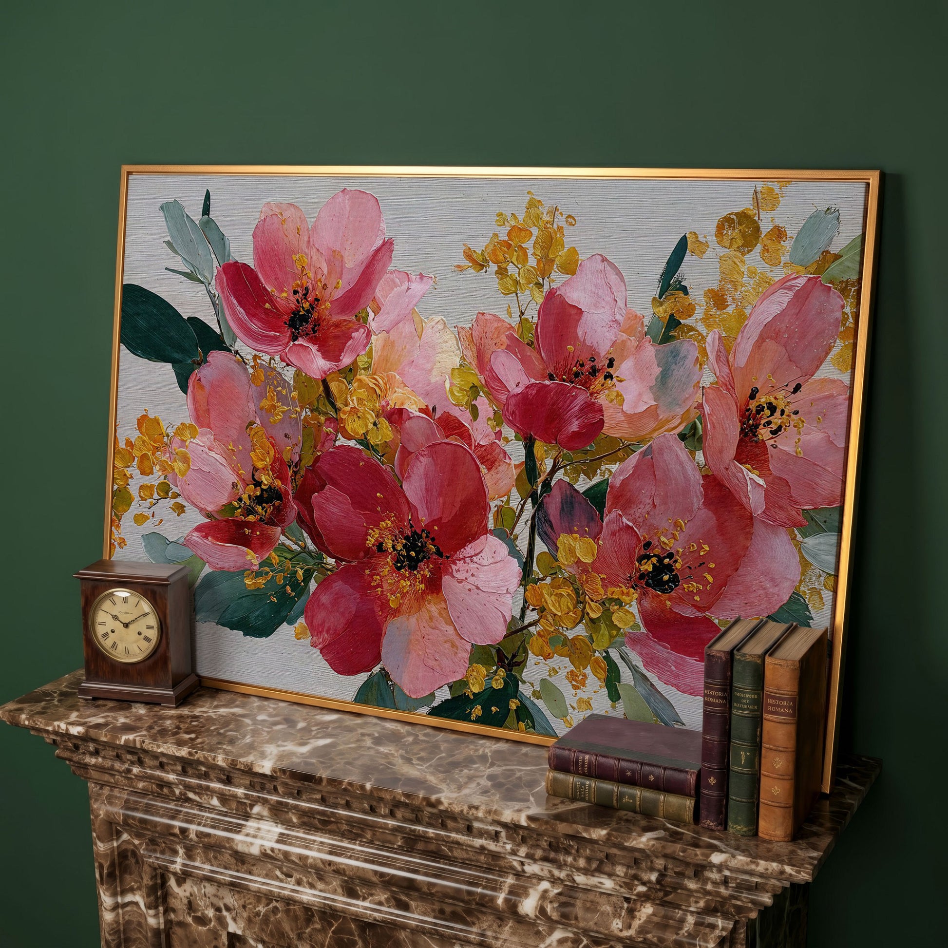 Bold Botanical Floral Canvas Wall Art, Pink and Green in antique gold floating frame