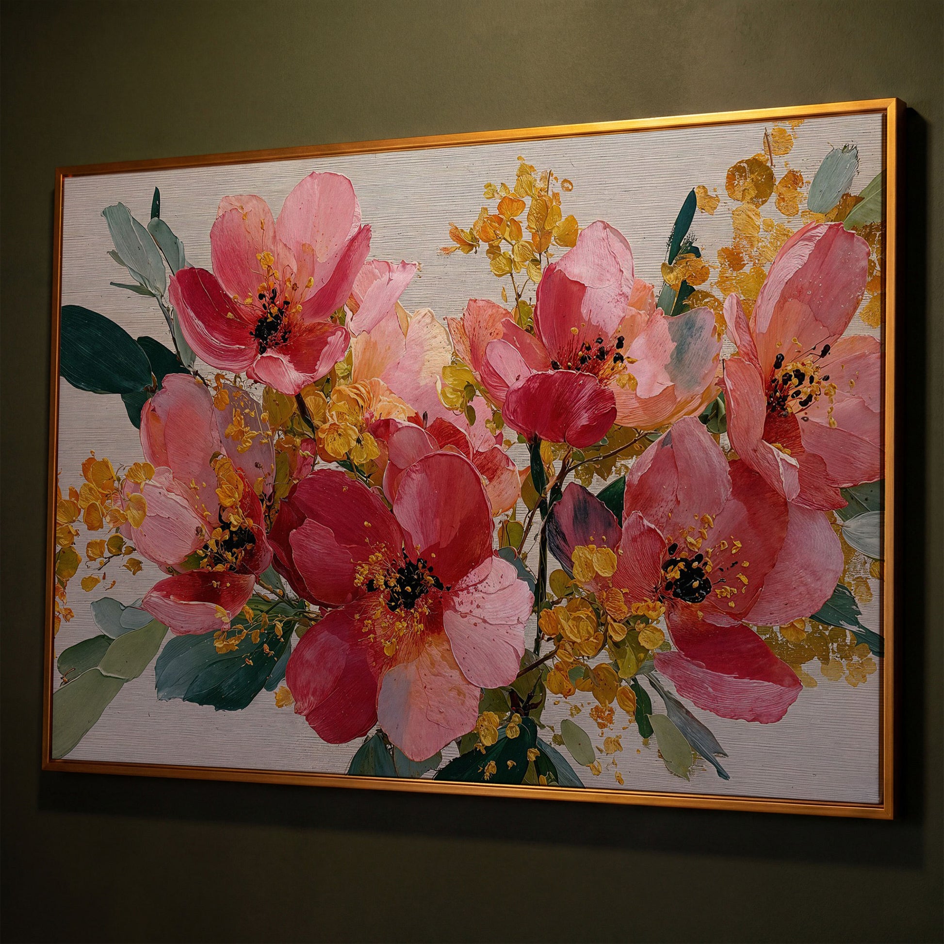 Bold Botanical Floral Canvas Wall Art, Pink and Green shown in antique gold floating frame