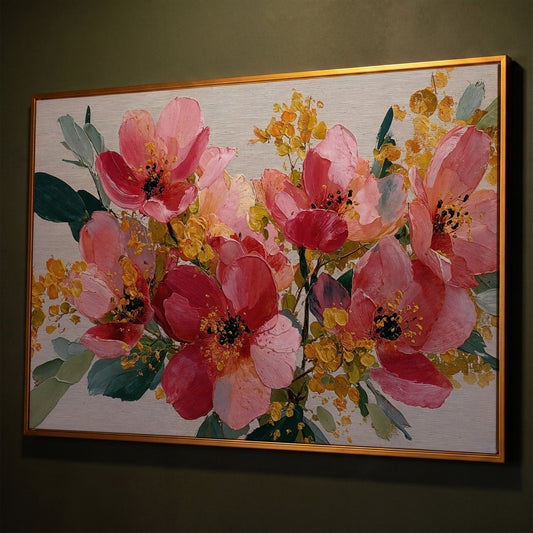 Bold Botanical Floral Canvas Wall Art, Pink and Green shown in antique gold floating frame