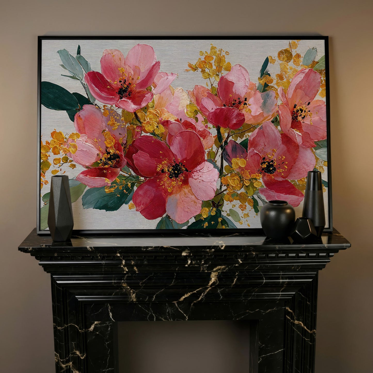 Bold Botanical Floral Canvas Wall Art, Pink and Green in black floating frame