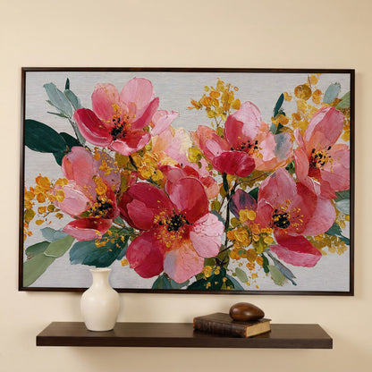 Bold Botanical Floral Canvas Wall Art, Pink and Green in dark walnut floating frame