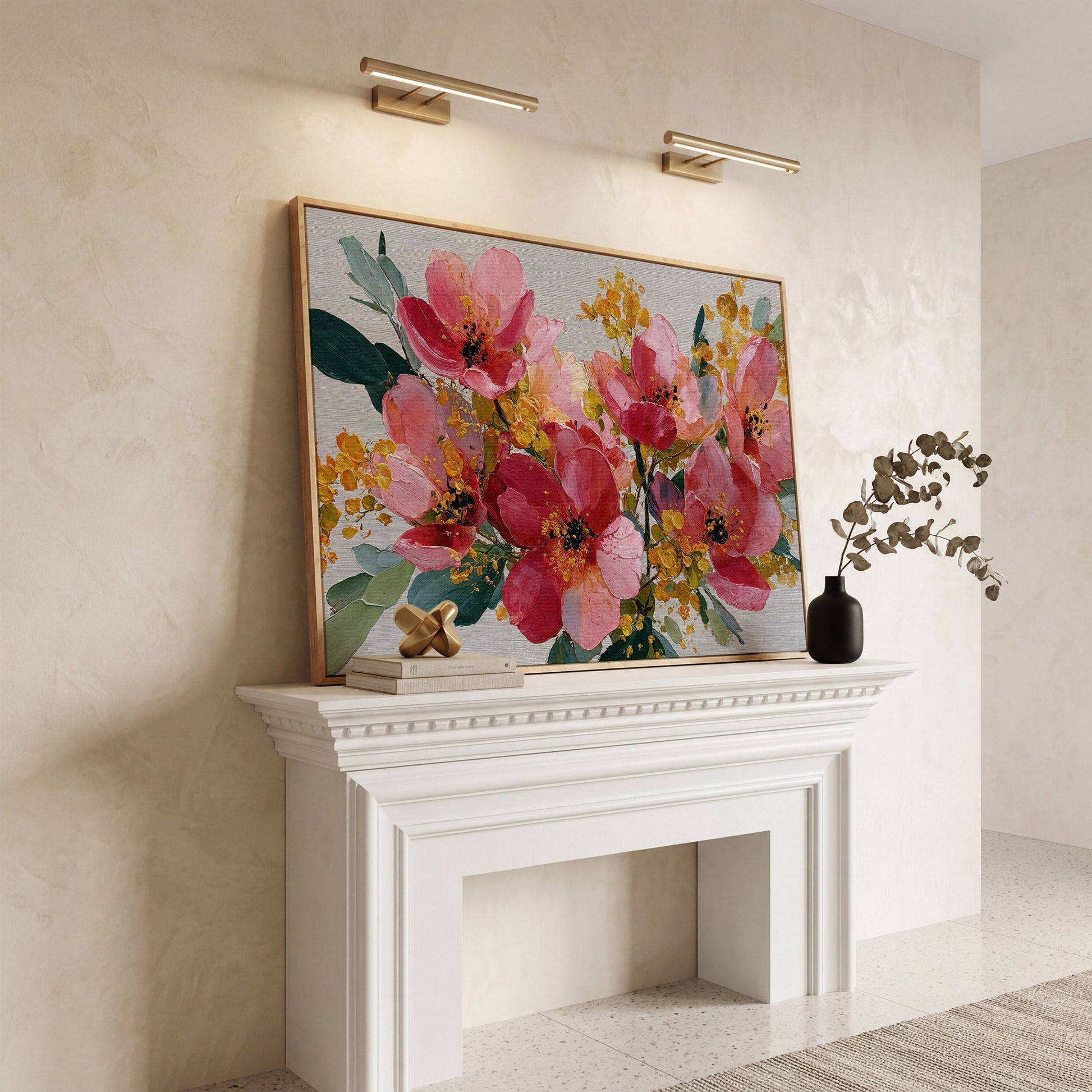 Bold Botanical Floral Canvas Wall Art, Pink and Green in white oak floating frame
