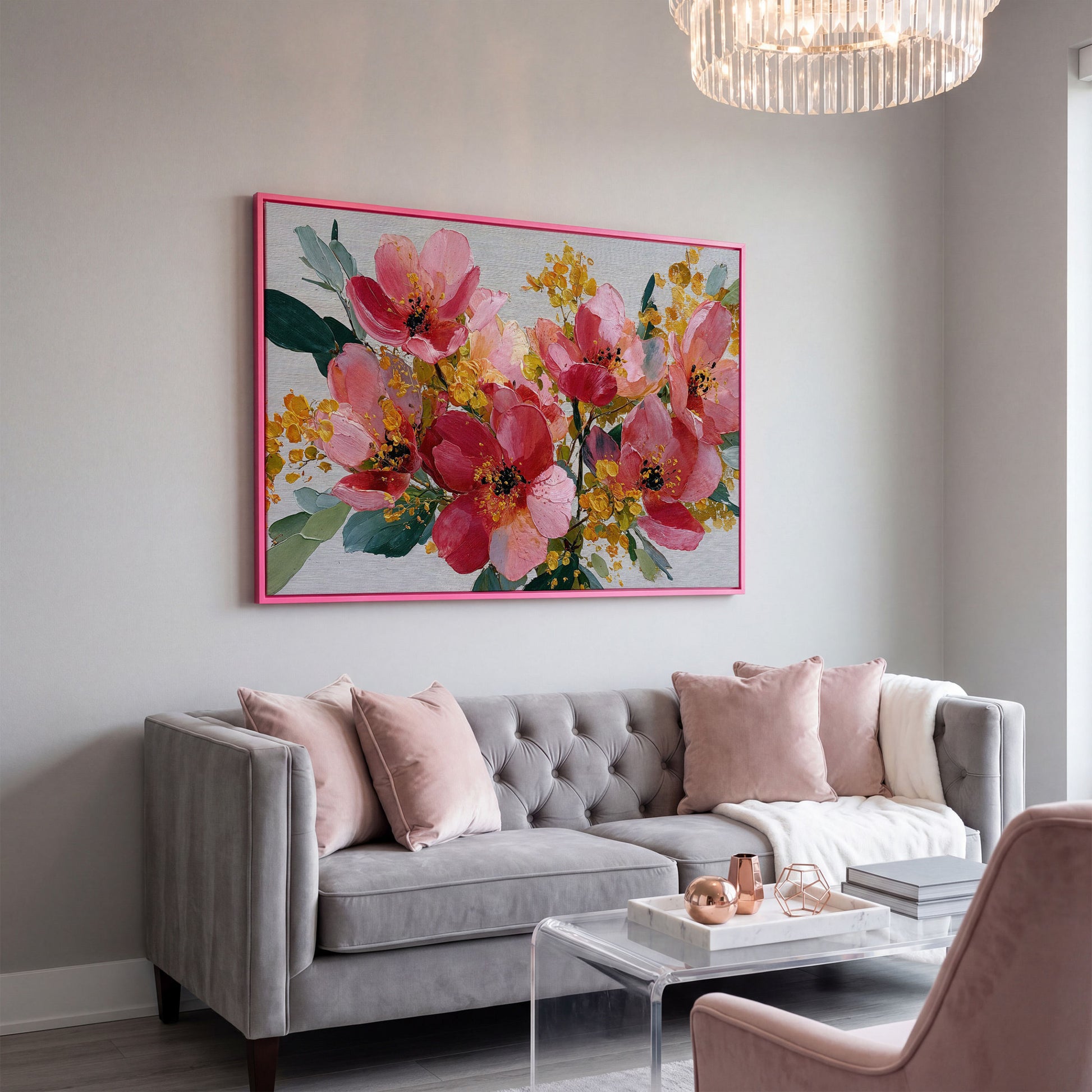 Bold Botanical Floral Canvas Wall Art, Pink and Green in pink floating frame