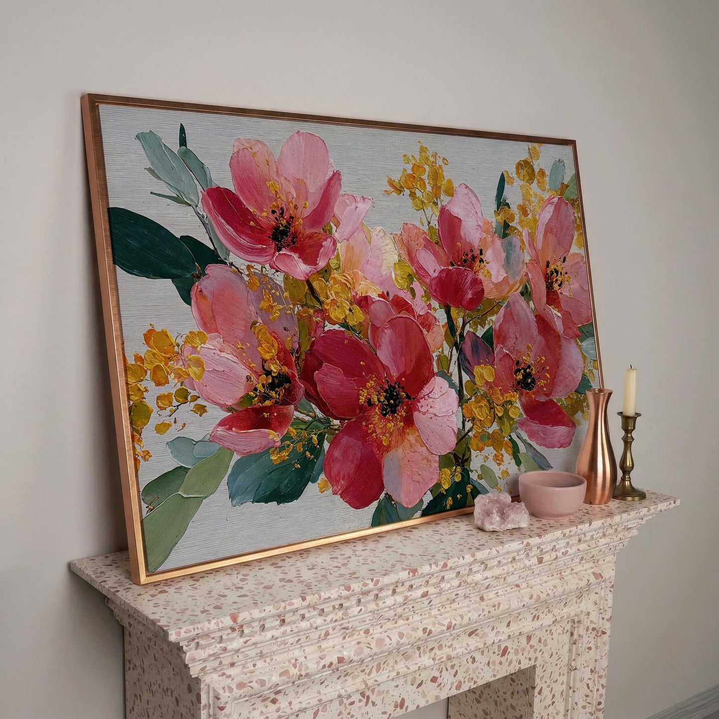 Bold Botanical Floral Canvas Wall Art, Pink and Green in rose gold floating frame