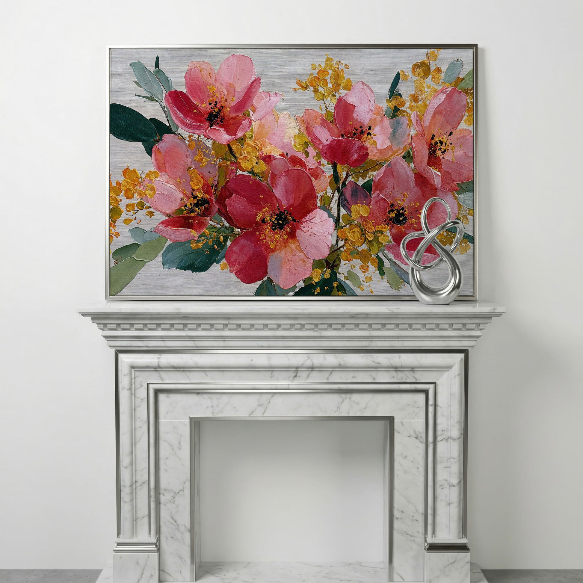 Bold Botanical Floral Canvas Wall Art, Pink and Green in silver floating frame