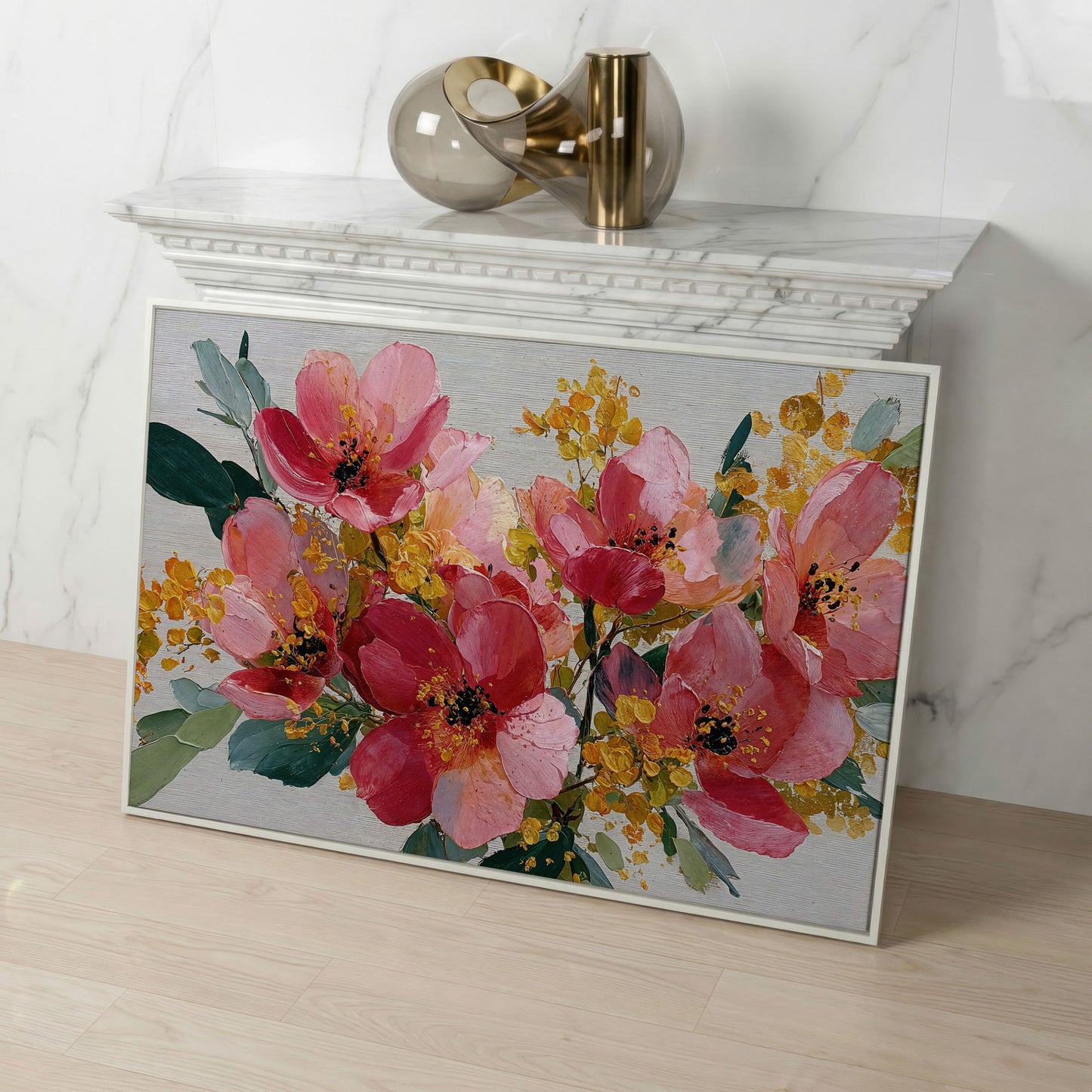 Bold Botanical Floral Canvas Wall Art, Pink and Green in white floating frame