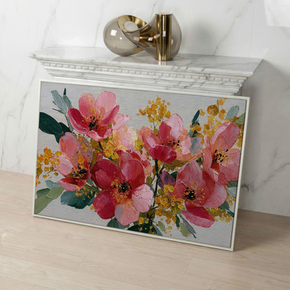 Bold Botanical Floral Canvas Wall Art, Pink and Green in white floating frame