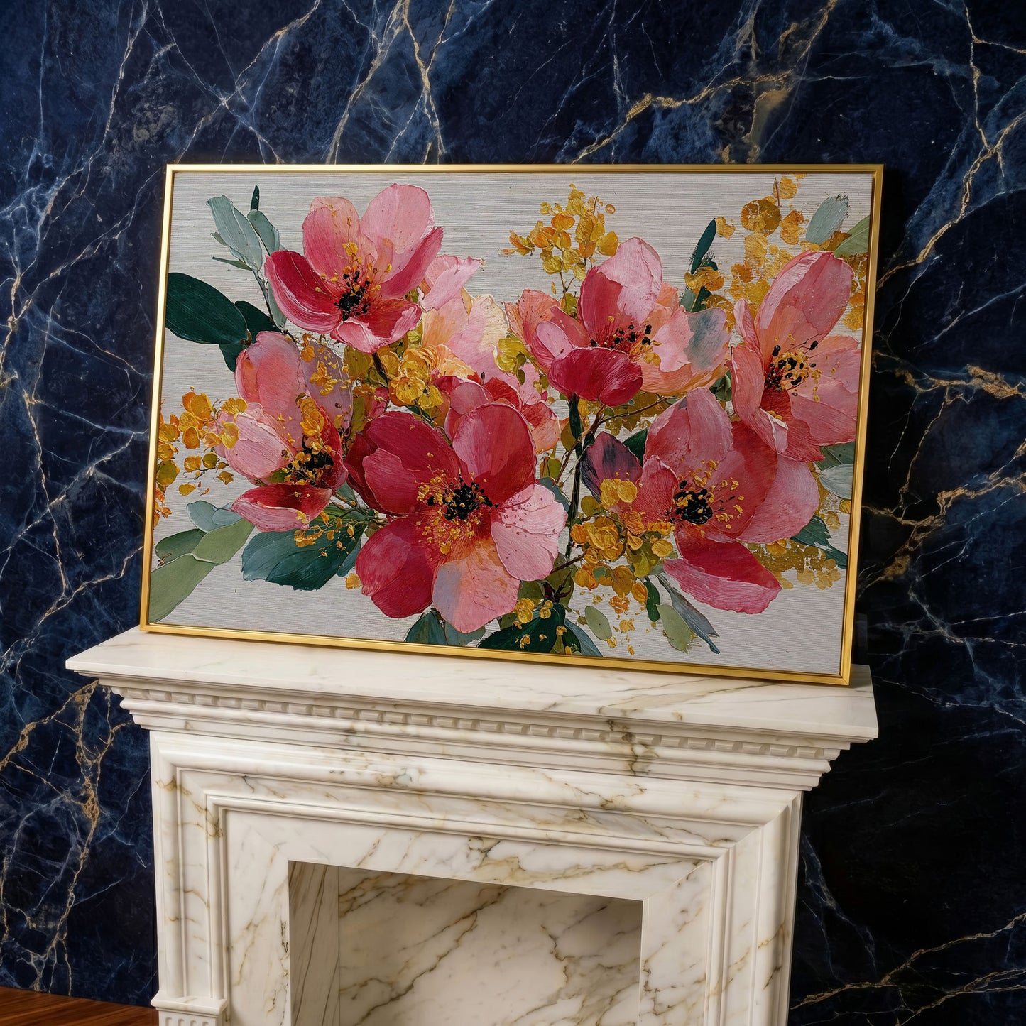 Bold Botanical Floral Canvas Wall Art, Pink and Green in yellow gold floating frame