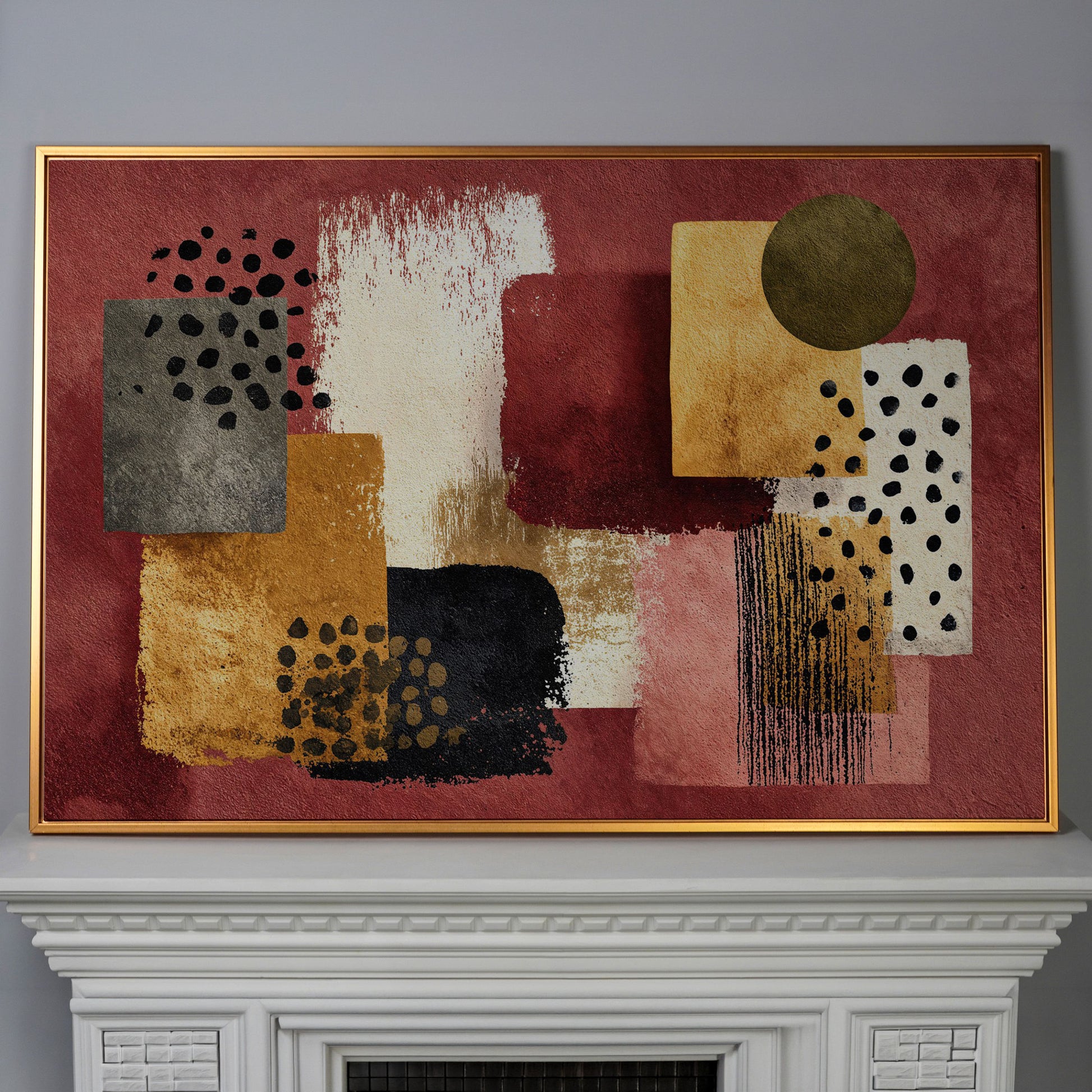 Terracotta Geometric Abstract Canvas Art, Earth Tone Wall Art in antique gold floating frame