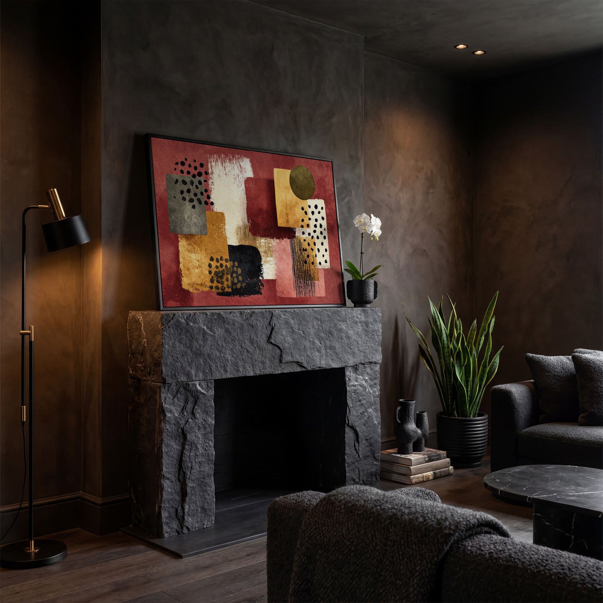 Terracotta Geometric Abstract Canvas Art, Earth Tone Wall Art in black floating frame