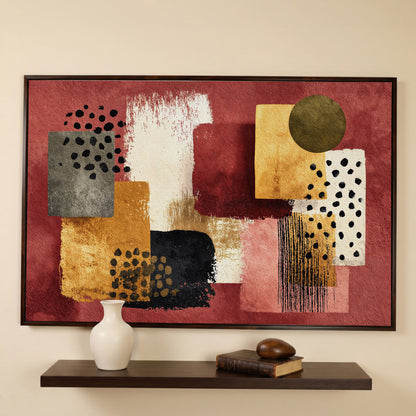 Terracotta Geometric Abstract Canvas Art, Earth Tone Wall Art in dark walnut floating frame