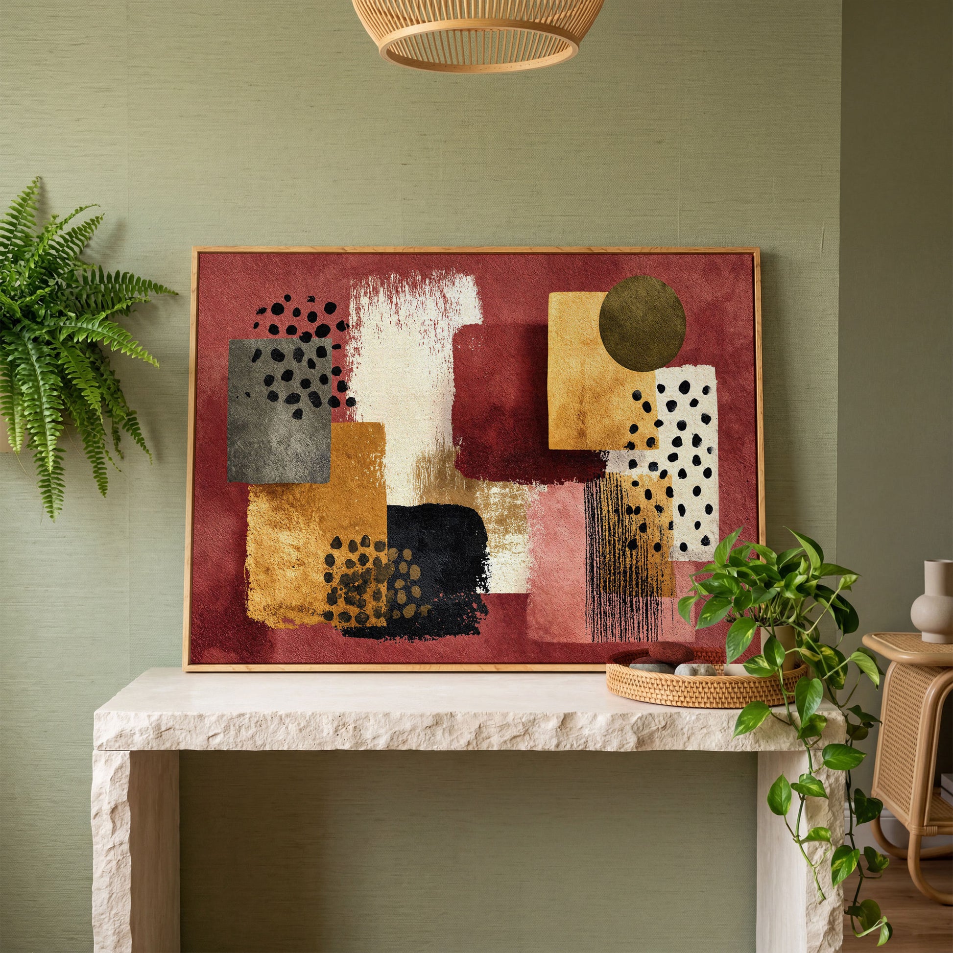 Terracotta Geometric Abstract Canvas Art, Earth Tone Wall Art in white oak floating frame