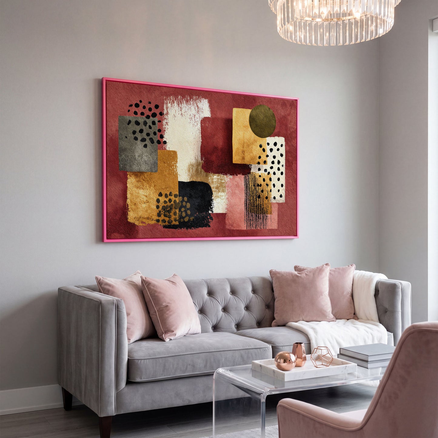 Terracotta Geometric Abstract Canvas Art, Earth Tone Wall Art in pink floating frame