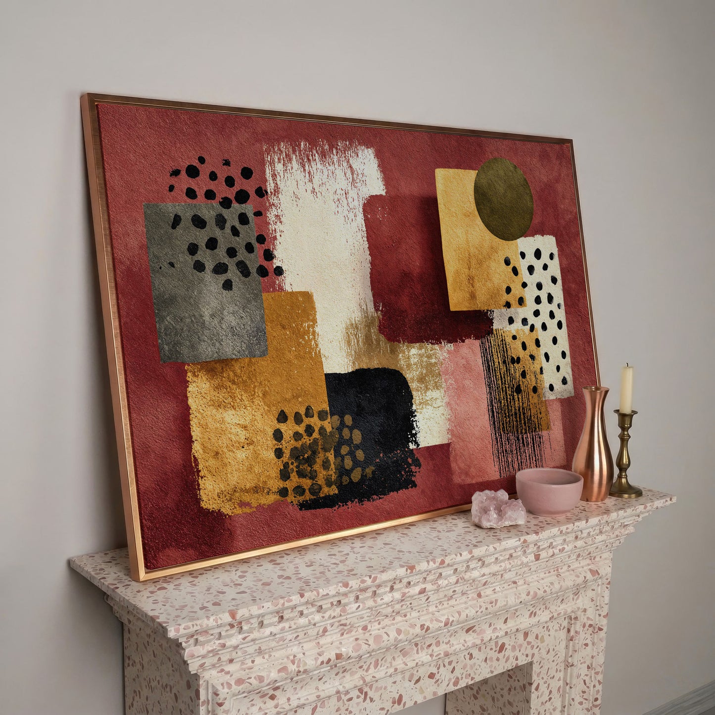 Terracotta Geometric Abstract Canvas Art, Earth Tone Wall Art in rose gold floating frame