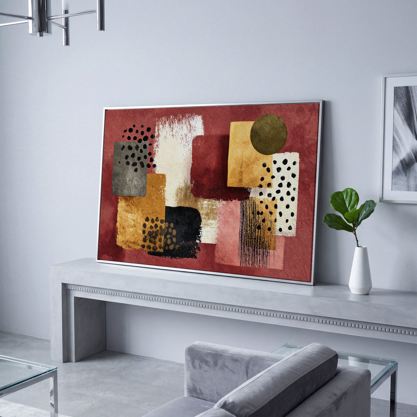 Terracotta Geometric Abstract Canvas Art, Earth Tone Wall Art in silver floating frame