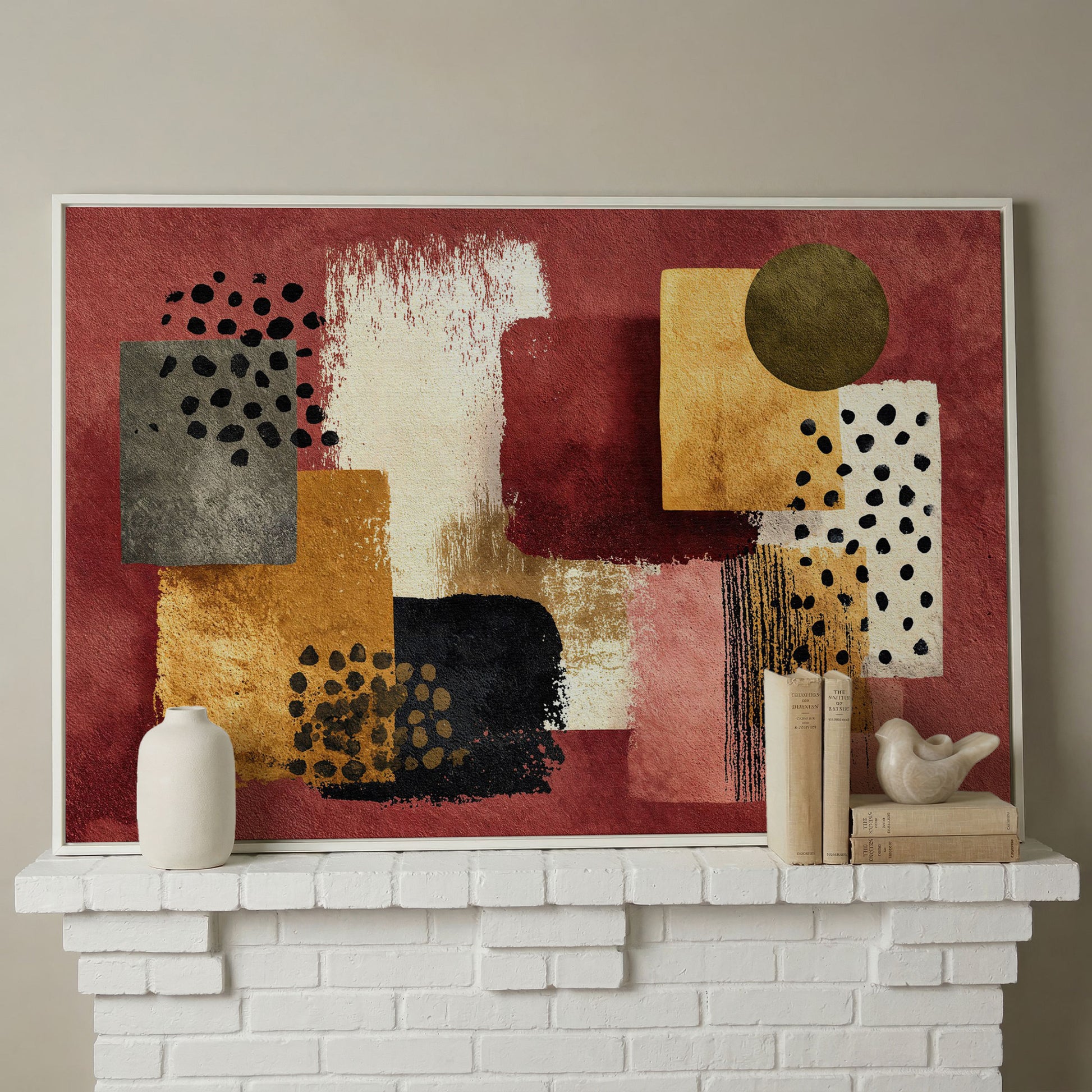 Terracotta Geometric Abstract Canvas Art, Earth Tone Wall Art in white floating frame
